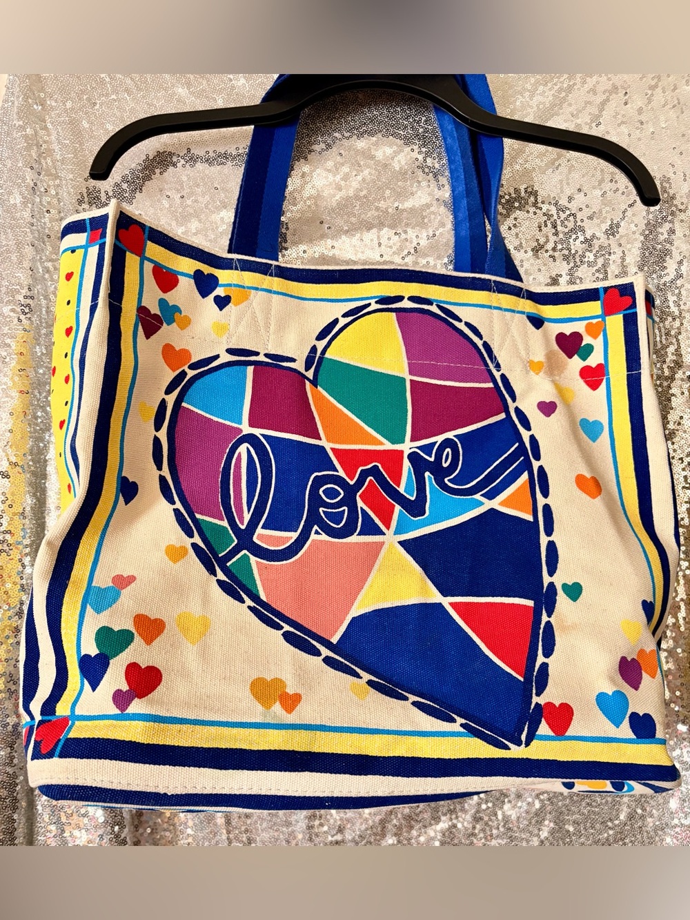 Brighton Multicolor Heart 'Love' Canvas Tote with Blue Straps